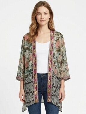 Soft Surroundings Boho Sheer Mixed Floral Embroidered Kimono Cardigan Size L